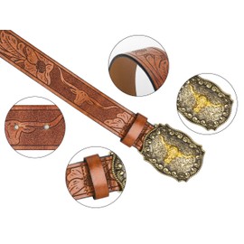 NociHah Womens-Vintage-Western-Leather-Belt Country Cowgirl-Belt for Women-Men Embossed With LongHorn Bull Buckl-Belt Fit for Waist 31"-34", Brown, Fit for Waist 31"-34"
