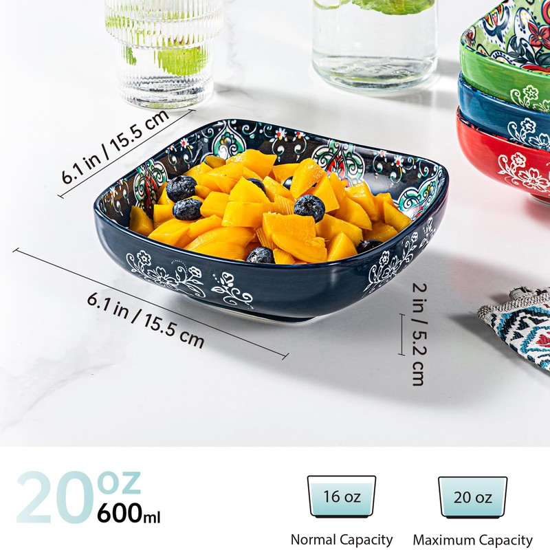 HENXFEN LEAD Boho Ceramic Square Bowls – 20 oz Colorful