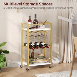 MAHANCRIS Bar Cart for Home, Mini Rolling Wine Cart, 3 Tier Serving Cart, Kitchen Storage Cart with Wine Rack and Glass Holders, for Kitchen, Dining Room, Living Room, Gold and White RCJW9301