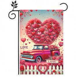 BlissYard Happy Valentine’s Day Garden Flag Double-Sided Small Flag Red Truck with Heart and Roses Backdrop Design 12x18 Inches Garden Flag Set Yard Outdoor Flag for Valentine’s Day Decorations