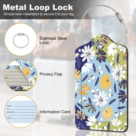 2Pack Luggage Tags for Suitcases, Cute Unique Pu Leather Cruise Luggage Tag with Privacy Cover ID Label Address Card and Metal Ring Suitable for Women Men Kids Travel Bag Yellow and White Floral Print