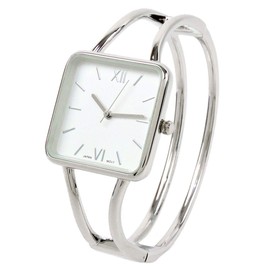 STC Silver Square Face Metal Double Band Fashion Women's Bangle Cuff Watch