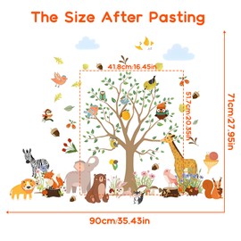 Wandtattoo Dschungel Tiere + Messlatte Kinder, Bäume, Giraffen, Elefanten, Zebras, Löwen, Füchse, Eichhörnchen, Vögel, wandtattoo kinderzimmer, Safari Wandsticker, Schlafzimmer/Wohnzimmer Wanddeko