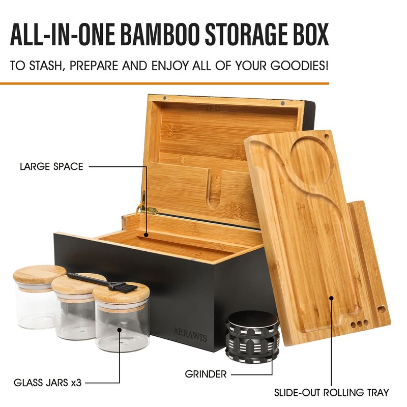 ARRAWIS Large Bamboo Storage Box with Removable Tray Kit -