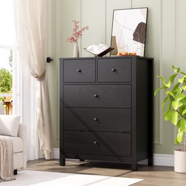 GarveeHome Black 5 Drawer Dresser for Bedroom, Modern Tall Dresser Organizer with Storage Drawers, Wooden Chests of Drawers for Bedroom, Entryway, Hallway, Home Office