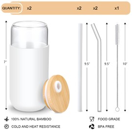 20 OZ Glass Cups with Bamboo Lids and Straws - Drinking Glasses with Silicone Protective Sleeve Set, Iced Coffee Glasses, Cute Tumbler Cup for Water, Smoothie, Boba Tea, Gift - 2 Pack