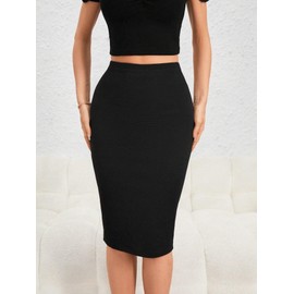 GORGLITTER Women's Full Length Back Zipper Pencil Skirt Slit High Waist Stretchy Knee Length Skirt Black Small