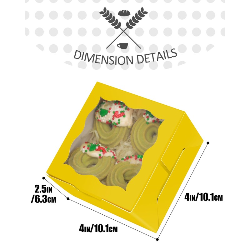 Bakepacker 4x4x2.5" Yellow Bakery Box with Window 30pcs Macaron Boxes