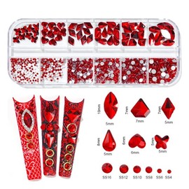 KARMELLING 1 Box 12Girds Multi Size Colorful Hotfix Rhinestones Flatback Crystal Diamond Gems 3D Glitter Nail Art Luxurious Decorations,Red