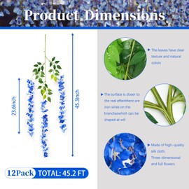 ZEBMOON 12 Pack Royal Blue Wisteria Hanging Flowers, 3.77 Ft Fake Hanging Flowers, Artificial Wisteria Garland Vines for Wedding Room Backdrop Outdoor Patio Garden Decoration