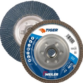 Weiler 50520 Tiger Abrasive Flap Disc, Type 29, Threaded Hole, Aluminum Backing, Zirconia Alumina, 4-1/2" Dia., 80 Grit (Pack of 10)