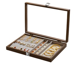 Aiyuolio Jewelry Box,Multi-Functional Jewelry Storage Box, Jewelry Tray Wooden Jewelry Organizer with Clear Lid Vintage Jewelry Box Jewelry Display Case for Women (Dark Brown, long check)