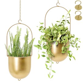 AceList Boho Hanging Planter, Set of 2 Gold Metal Plant Hanger with Hooks and Chains, Modern Wall & Ceiling Planters Outdoor/Indoor Hanging Planter for Window, Porch, Balcony and Home Décor