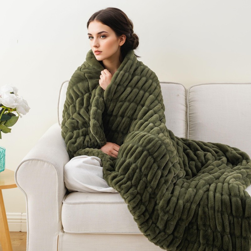 BATTILO HOME Olive Green Faux Fur Throw Blanket for Bed,