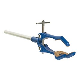 3 Finger, Cork Lined Extension Clamp on Stainless Steel Rod - 3.4" Max Clamp Opening, 5.5" Connecting Rod - Zinc Alloy Clamp - Research, Industrial Laboratory Grade - Eisco Labs