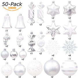 Sea Team 50-Pack Assorted Shatterproof Christmas Ball Ornaments Set, Baubles, Candy Canes, Bells, Snowflakes, Pendants, Finial Drops, Xmas Tree Decorations, Silver