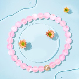 Mystic 6MM 8MM Mermaid Glass White Purple Blue Pink Bracelet with Glowing Moonstone Beads for Women Teen Girls (6MM Pink Gold Bead)