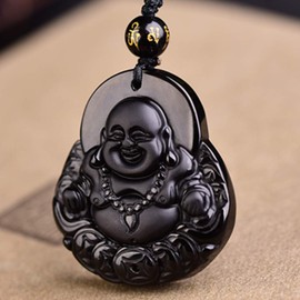 Natural Obsidian Laughing Buddha Necklaces Hand Engraving Black Gemstone Amulet Talisman Adjustable Beads Chain Pendant Lucky Buddah Neckless Jewelry Spiritual Gifts
