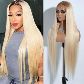 Joedir 34" Long Yaki Straight Lace Front Wig Ombre Blonde Synthetic Wigs Middle Part HD Transparent Glueless Wig Heat Resistant Fiber Pre Plucked Hairline with Baby Hair for Women