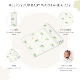 Bamboo Viscose Muslin Baby Swaddle Receiving Blanket, 70% Viscose Made from Bamboo, 30% Cotton Muslin - Imported (Turtle)