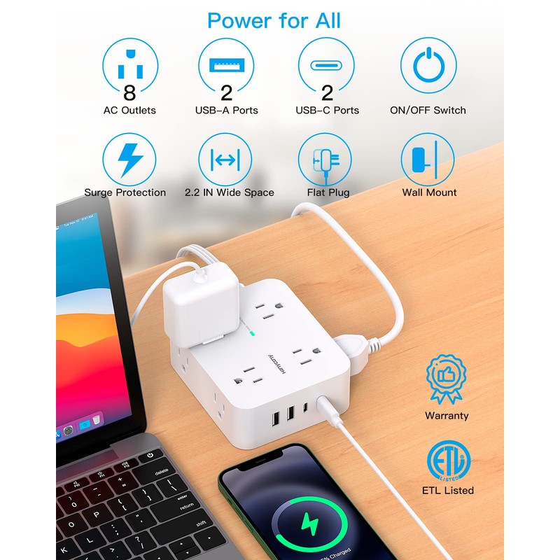 Surge Protector Power Strip, HANYCONY Extension Cord with Multiple Outlets,