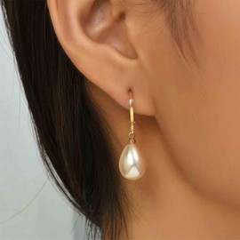 Aneneiceera Vintage Pearl Dangle Earrings Gold Pearl Earrings Pearl Huggie Hoop Earrings Wedding Pearl Drop Earrings Jewelry for Women (Gold)