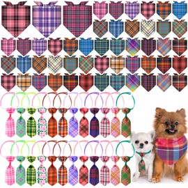 Bunnycool 72 Pcs Dog Bandanas Tie Set Summer Bulks Pet Scarves with Assorted Plaid Pattern Adjustable Cute Dog Triangle Scarfs Neck Ties for Holiday Birthday Accessories