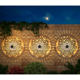 gardencave 4 Pack Solar Fence Lights Metal Solar Powered Outdoor Wall Deck Lights Lotus Theme Waterproof Fence Light for Garden Post Patio Backyard Yard Decor (Lotus, 4 Pack)