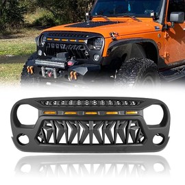 DIBON AUTO Shark Front Grill Mesh Grille Cover Matte Black Compatible for Jeep Wrangler JK JKU Unlimited Rubicon Sahara Sport with Amber LED Running Lights with Mesh Inserts 2007-2018