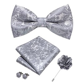JEMYGINS Herren Paisley Fliegen set inklusive Einstecktuch Manschettenknöpfen und Boutonniere geeignet für Hochzeitsbankette und Partys Silberweiße Basis