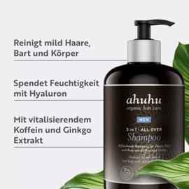 ahuhu MEN 3-in-1 All Over Shampoo XXL (500 ml) - All-in-One Men's Shampoo for Hair, Beard and Body, Nourishes Hair & Beard Pleasantly Soft with Caffeine, Hyluaronic Acid & Gingko, Vegan Hair Care