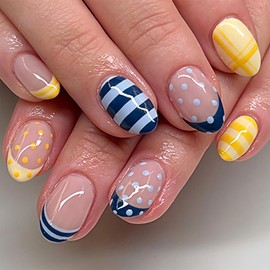 Summer Press on Nails Polka Dot Nails Press Ons Short Almond Fake Nails Blue Yellow French Tip False Nail with Stripe Design Acrylic Nail Glossy Stick on Nail for Women DIY Full Cover Manicuare 24Pcs