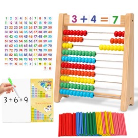 Ranqibo Wooden Abacus for Kids Math - 10-Row Counting Toy with 100 Beads, Number Cards & Counting Sticks, Educational Counters for Kids Math Gift for Age 3 4 5 6 7 Year Old Boy Girl