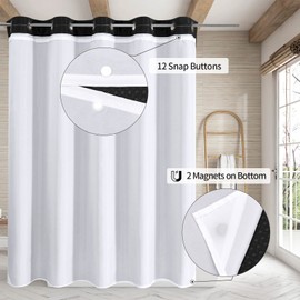 MitoVilla No Hooks Needed Black Waffle Shower Curtain Set with Snap-in Liner, Modern Waffle Weave Heavy Duty Fabric Cloth Shower Curtain for Luxury Neutral Hotel Spa Bathroom Decor, 72 x 74