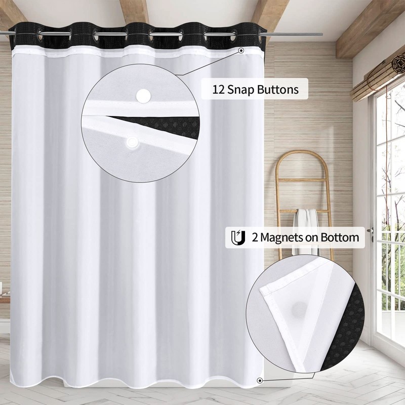 MitoVilla No Hooks Needed Black Waffle Shower Curtain Set with