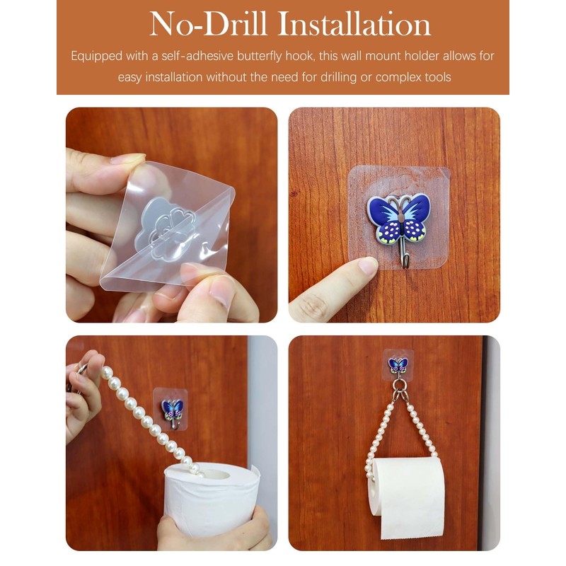 2 Set Beaded Tissue Roll Holder with Butterfly Wall Hook,Pink