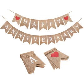 Happy Anniversary Banner Burlap with 2 Hearts Burlap Decorations Wedding Anniversary Bunting Indoor Outdoor Holiday Party Special Decoration Photo Background NO DIY