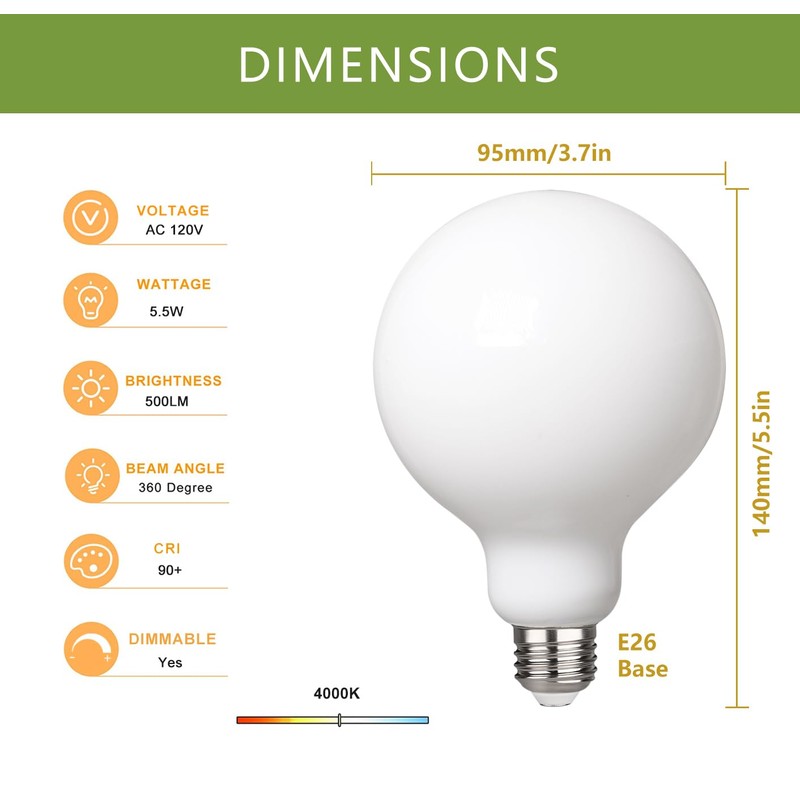 MEILUX 2 Pack G30(G95) Globe LED Light Bulbs, 5.5W Dimmable