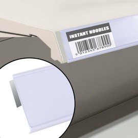 Shelf Label Strips, Pro Painter 100 Pack Adhesive 1.25”H Self-Leveling Strip Price Tag Holder for Plastic, Metal and Wood Gondola Shelf, Clear Plastic Front/White Back Sign Holder for 48” Long Shelf