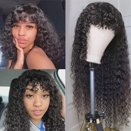 huarisi Jerrky Curly Hair Wigs for Women Glueless None Lace Wig Brazilian Virgin Hair 8a Grade 12 Inch Density 150% Natural Color Natural Wavy Hair Wigs