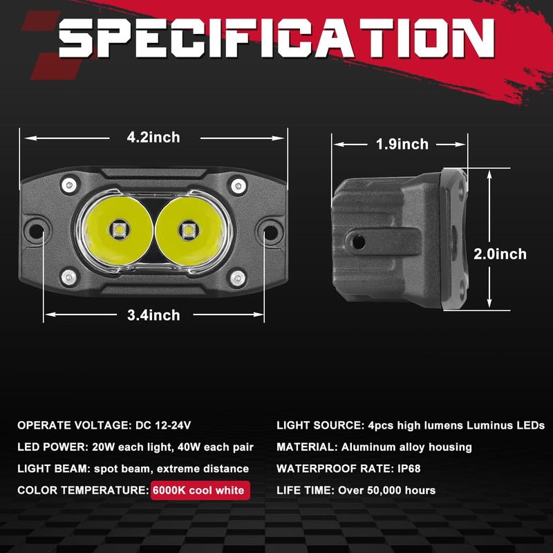 Flush Mount LED Pods 40W Spot CREE LED Bumper Backup