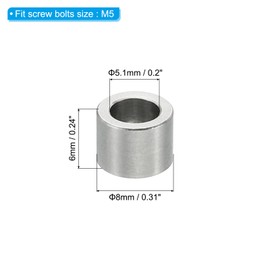 PATIKIL M5 Stainless Steel Spacer 5 Pieces Metal Spacers Stainless Steel 5.1mm ID x 8mm OD x 6mm L Stainless Steel Round for 1/5" or M5 Screw Bolt