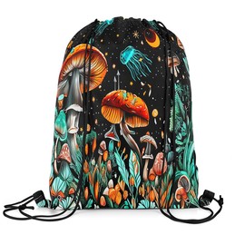 Feelyou Cute Mushroom Drawstring Backpack 13"x15.7" Cartoon Mushrooms Drawstring Bags Marine Life Sea Sports Drawstring Sackpack Black Orange Waterproof Cinch Bag Soft