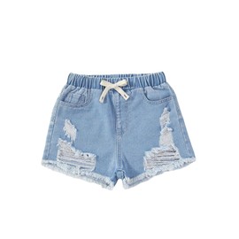 Verdusa Girl's Casual Elastic Waist Distressed Denim Shorts with Pockets Light Wash Solid 12Y