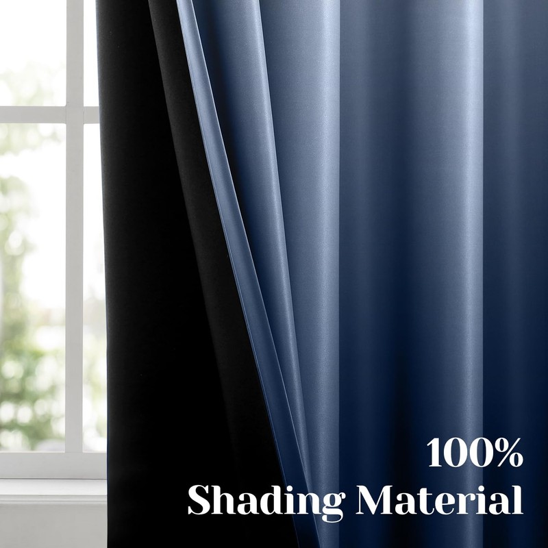 HOMEIDEAS Navy Blue 100% Ombre Blackout Curtains for Bedroom, 52