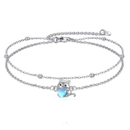YFN Cat Moonstone Bracelet for Women Sterling Silver Cute Cat Stud Bracelet Jewellery Gifts (Cat), Sterling Silver, No gemstone