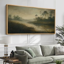 SIGNFORD Extra Large Framed Canvas Print Wall Art Misty River with Trees Tranquil Nature Landscape Illustrations Modern Art Relax/Calm Warm for Living Room, Bedroom, Office - 60"x30"