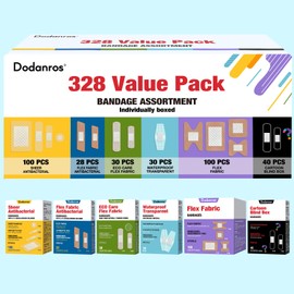 Dodanros Variety Bandages Pack,328ct Assorted Bulk Various Sizes, Shapes &Features | Sheer & Flex Fabric with Benzalkonium, ECO Bamboo Fabric, Waterproof, Cartoon Blind Box Fragrance Bandages