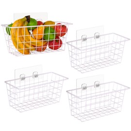 Deertaip Adhesive Basket Wall Wire Basket Over the Cabinet Door Organizer No Drilling Mounted 4 Pack, White