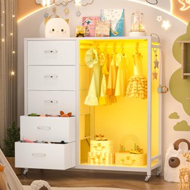 Cyclysio 5 Drawers Dresser with Charging Station & LED Lights, Chest of Drawers with Lockable Wheels, Storage Shelves, Bedroom, Closet, Entryway